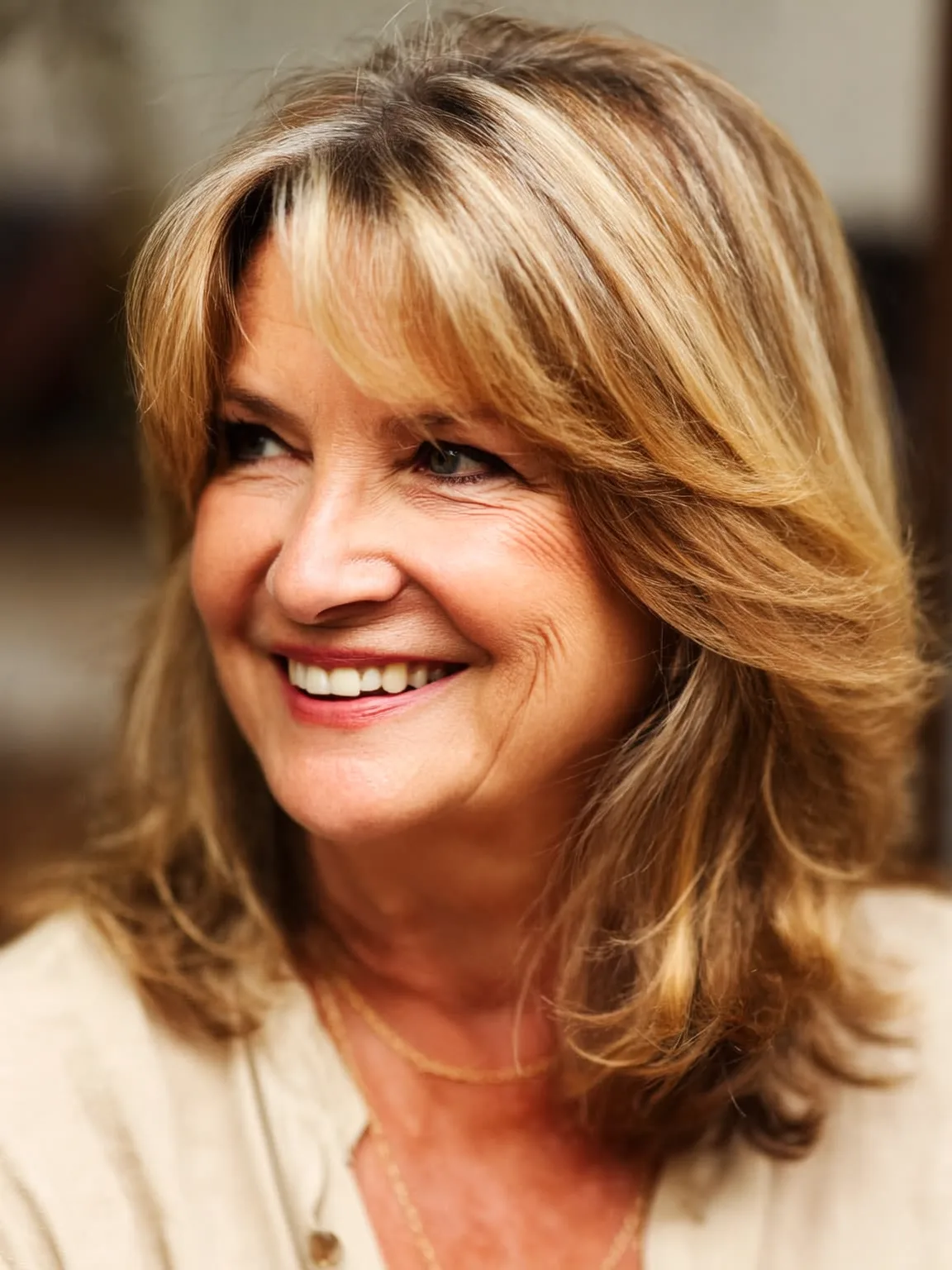 Shoulder-Length Layered Caramel Brown Bob with Honey Highlights